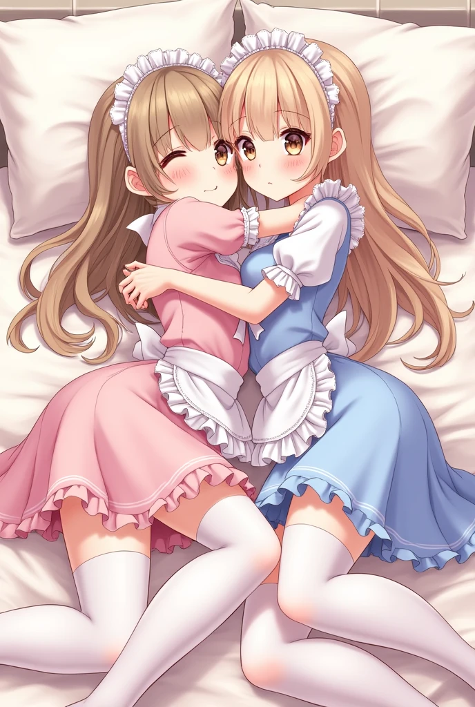 Two cute anime femboys wearing maid dress and white tights in bed cuddling