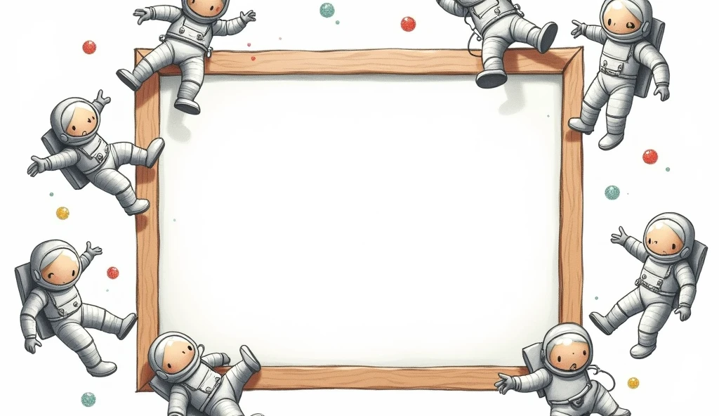 a picture frame around an empty, white center. The picture frame consists of floating astronauts as a child's drawing