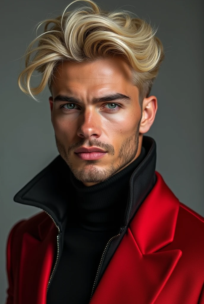 blond man wearing red and black. stark, Cao Cao, bold. wavy black hair. Angelic beauty, perfekt teeth, showing smile