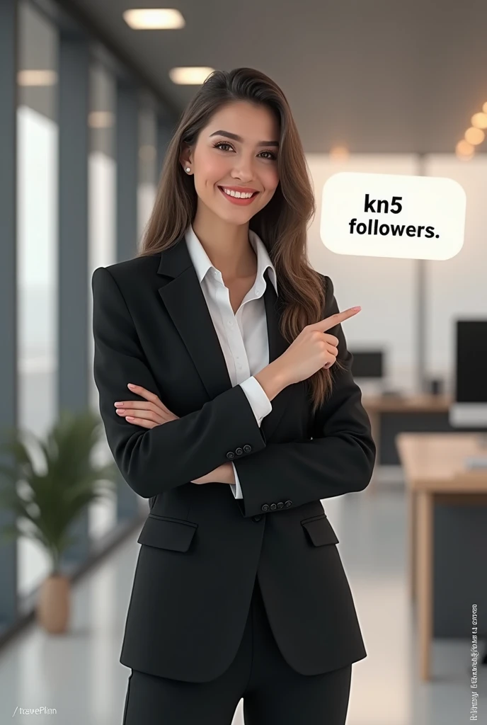 Businesswoman indicating the brand "KN5 Followers"