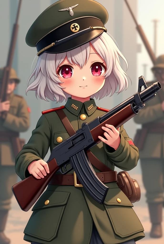 masterpiece, kawaii, adorable girl, red eyes, best quality, girl, short hair, medium breasts, white hair, german military uniform, world war one, mp18, submachine gun