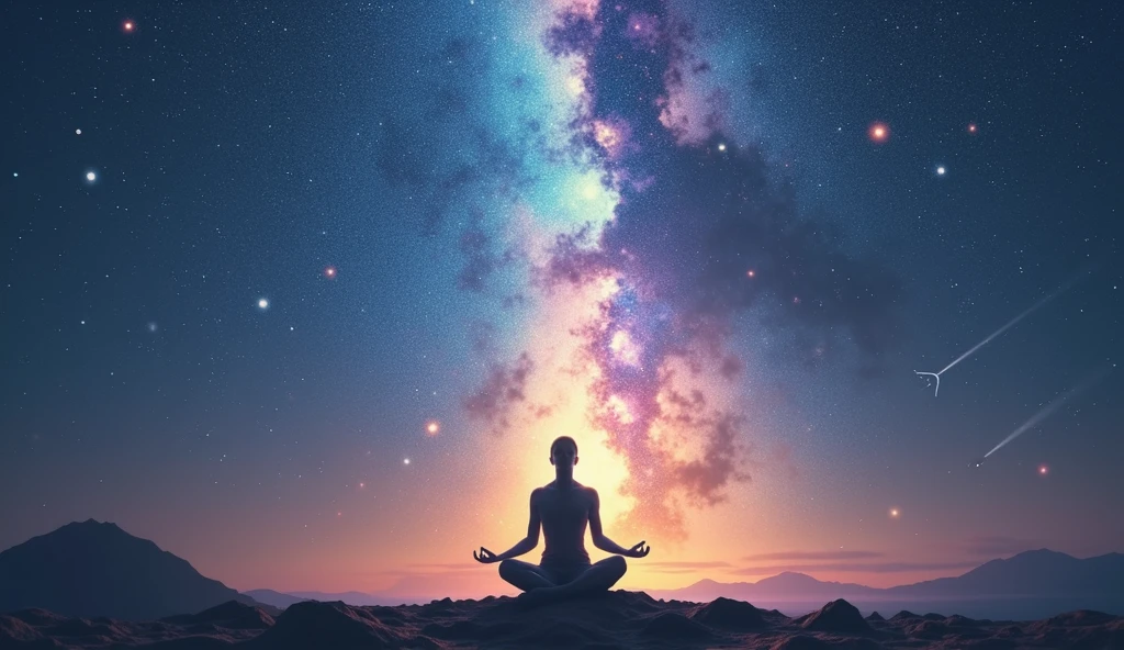 Create an image that illustrates a deep spiritual connection between a human being and the Universe. In the center of the scene, an individual is in a meditative or prayerful posture, with an expression of peace and fulfillment. This being is in harmony with the cosmos around them, which is depicted as a vast and brilliant landscape of stars, nebulae, and galaxies.
Around the individual, a luminous aura or vibrant energy connects them with the starry sky, symbolizing unity with the Whole and the vastness of the Universe. The colors of the image should be soft and ethereal, using shades of blue, purple, and gold to convey a sense of serenity and transcendence.
Incorporate elements such as beams of light, constellations, or subtle spiritual symbols that interact with the human being, highlighting the interconnection and synergy between the individual and the cosmos. The image should evoke feelings of universal love, balance, and the deep spiritual connection that the “Your Power” channel seeks to convey.