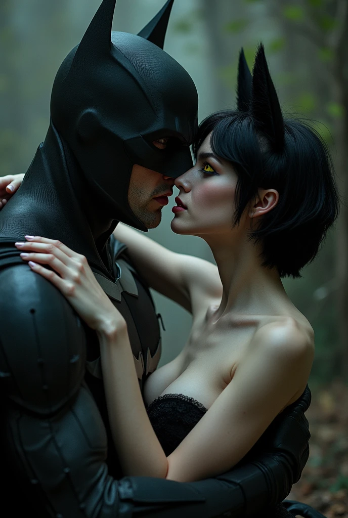 A woman with short black hair down to her shoulders, with small black cat ears, yellow eyes with cat pupils, White skin , Batman kisses the woman, the naked woman, both full body