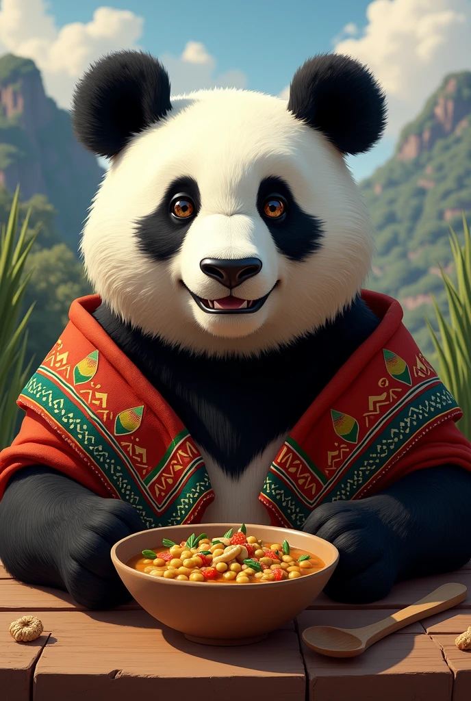Draw a semi-realistic panda with a smile and a determined look. I want him to wear a native and colorful poncho. I want him to be eating a repe (typical pea soup).