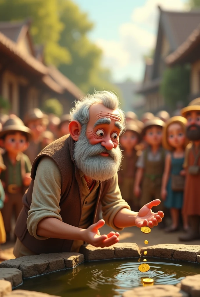 (photorealism:1.2), beautiful Generte in cinematic 3d cartoon style in the Throwing the Coin into the Well**: The farmer old man , with a serene expression, tossing the gold coin into a village well, surrounded by curious villagers watching with admiration.