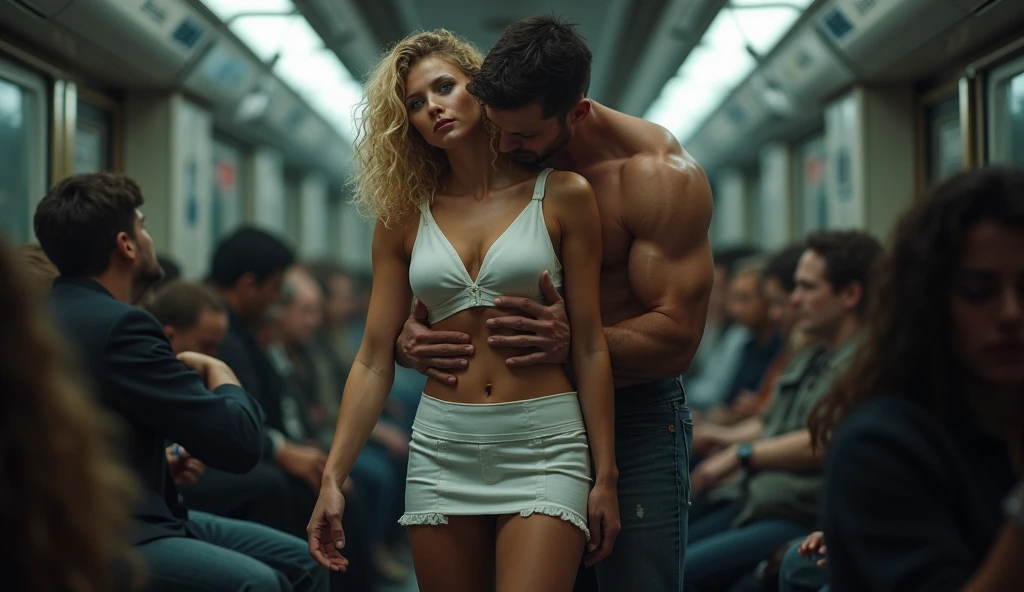 Tram crowded with lots of people,bearded old bespectacled leaning behind her,groping her breasts, grabbing her breasts, grabbing her ass, Mini skirt, white, 40k, photography, masterpiece, best quality, dark grey background, back, sfw, (1girl blue eyes and blonde hair soon curly), big ass until waiting wearing, (mini skirt sexy_outfit: 1.3), (white clothes: 1.3), muscular man from behind hugging her,varied poses.