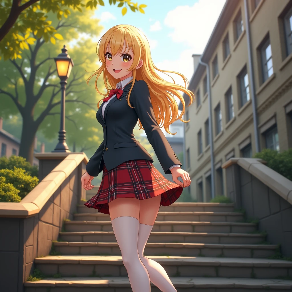 a blonde woman in a schoolgirl outfit climbing university stairs, view under her skirt, rounded buttocks, long white sock, high heels, natural lighting, photorealistic, 8k, hyper detailed, intricate details, look camera, big smile