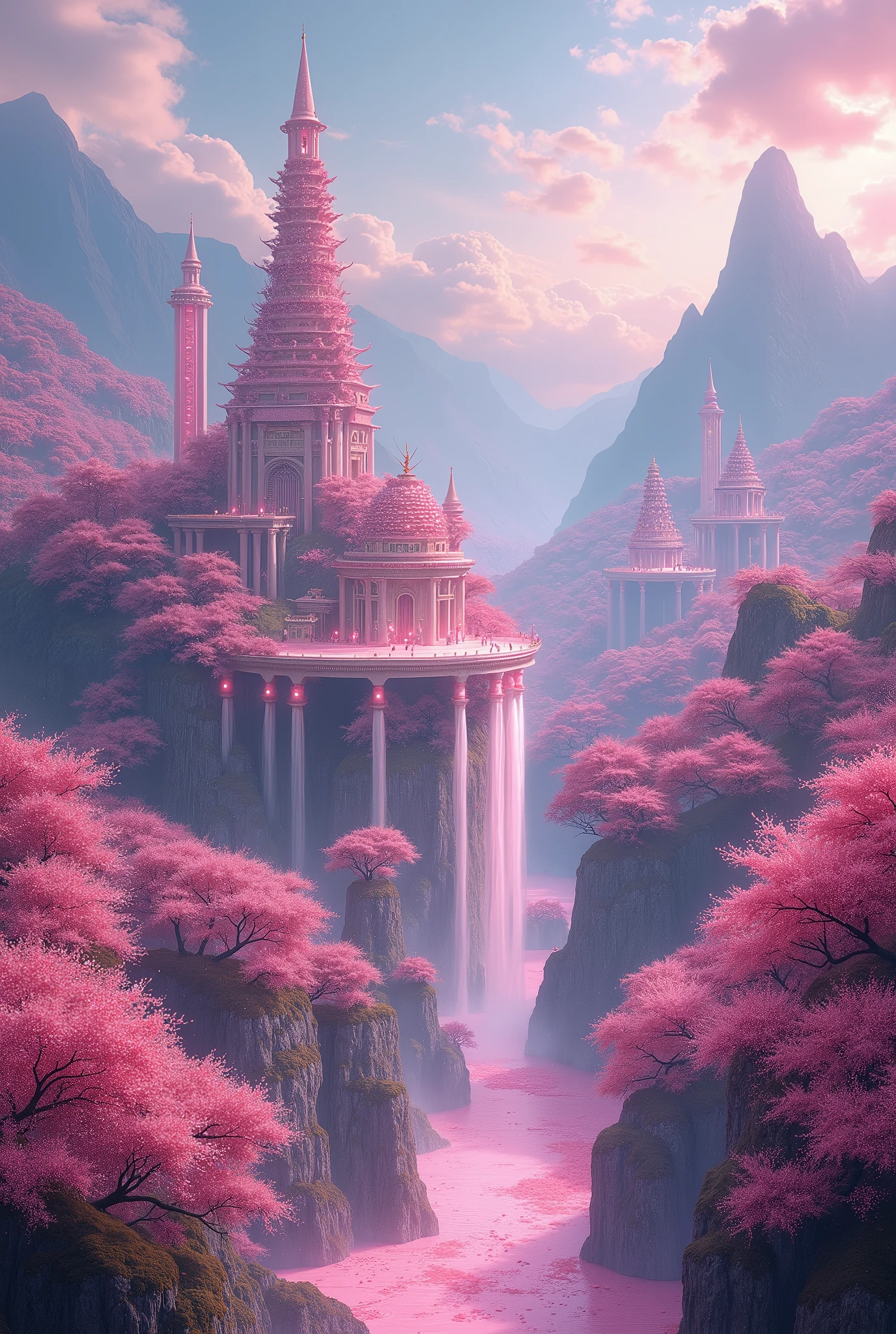 A vast and magical kingdom of the Sakurianas set in 2000 B.C. in China. The kingdom is located within a sprawling forest of Sakura trees, with petals constantly falling, creating an enchanting atmosphere. The trees are vibrant, with blossoms in various shades of pink. The architecture includes shimmering, translucent palaces elevated on platforms that overlook fields of Sakura. The structures are adorned with pink hues, reflecting the soft color of the Sakura flowers. Floating pathways made of glass connect different parts of the kingdom, allowing the Sakurianas to walk among the trees and over rivers filled with floating Sakura petals. The kingdom is protected by barriers formed from indestructible and poisonous Sakura petals that shimmer with a mystical glow. High observation towers covered with Sakura flowers serve as watchtowers, with vigilant Sakurianas ready to command the petals for defense. The landscape also features floating gardens full of different flowers and herbs, suspended above the kingdom, fed by the magical energy of the Sakurianas. Rivers of glowing Sakura petals flow through the kingdom, creating a serene and otherworldly ambiance. In the distance, majestic mountains frame the kingdom, adding to its natural beauty and sense of isolation from the outside world.