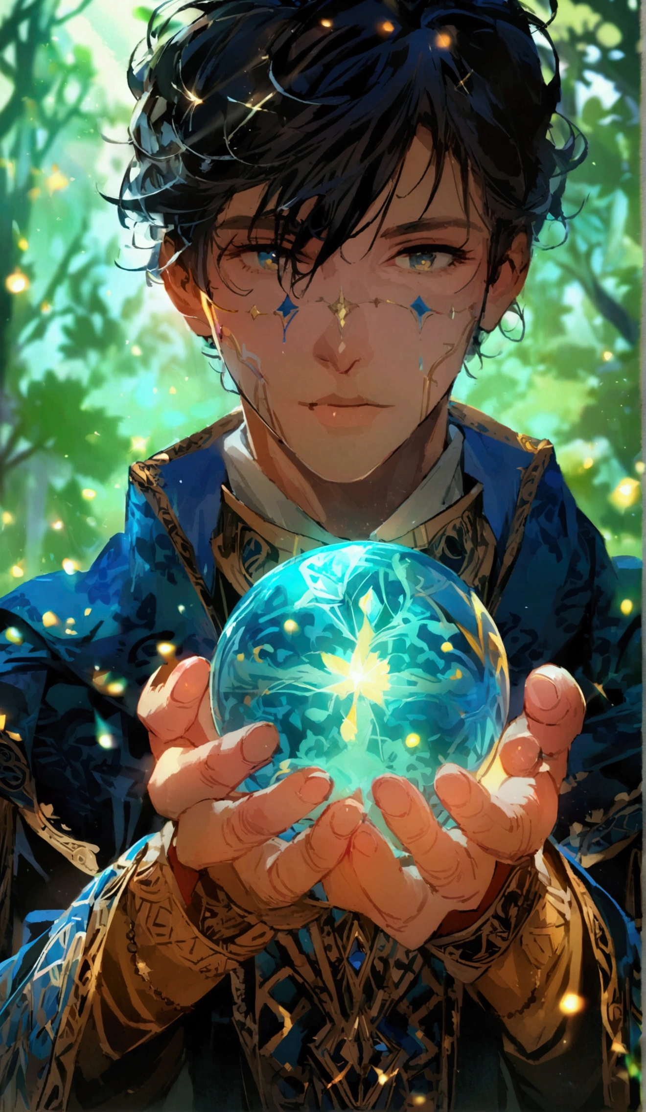 A high-definition anime-style illustration of a person holding a magical glowing orb, similar to a crystal ball, in their hands. The orb emits a soft, radiant light, with sparkling particles floating around it. The background is an enchanted forest with soft lighting filtering through the trees. The person's hands are detailed, and their clothing is intricately designed with patterns resembling ancient runes or magical symbols. The scene is peaceful and mystical, capturing the essence of magic and wonder