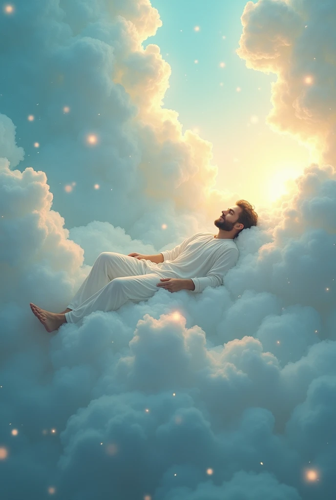 beautiful full body naked Asian man sleeping facing into the white clouds giving his back side to camera, angelical eyes, (short hair:1.2), surrounded night clouds heaven-like scene
