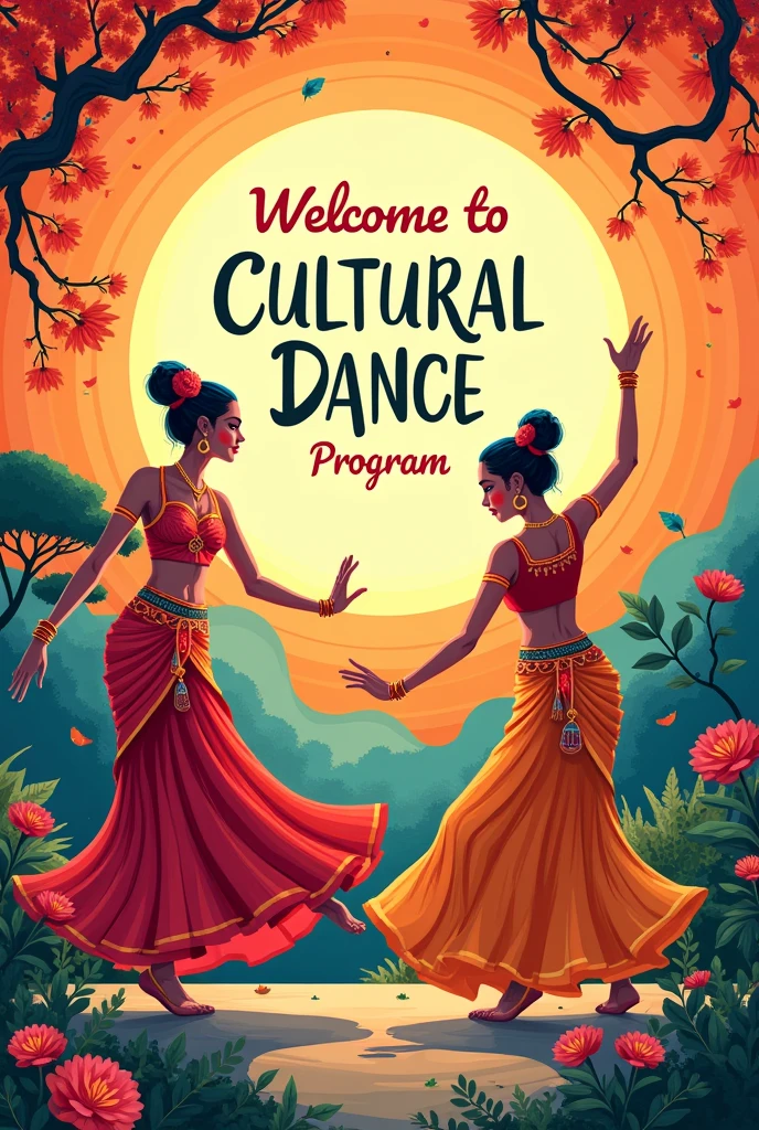 Create a poster for invitation for cultural dance with text on it as "well come to cultural dance program