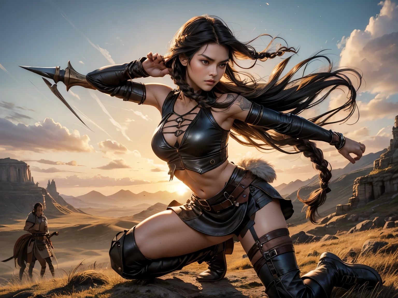 Style: "Prehistoric fantasy setting with a focus on authentic primitive clothing and accessories, reflecting the materials and craftsmanship of early human cultures."
Steppe warrior Maya is a beautiful prehistoric woman of the Mongoloid race.
Face: Rounded, with soft features. Almond-shaped brown eyes, short and straight nose. Lips of medium thickness, natural pink color. The hair is black, straight, long, braided into one thick braid. The skin is light olive.
Body: Medium height, slender and flexible, slightly muscular figure. The breasts are small, the stomach is tight, the hips are round, the legs are strong and flexible.
Tattoo: A primitive pattern of wavy lines running from the right collarbone to the middle of the chest. Three black dots near the outer corner of the left eye.
Clothing:
A short leather top that leaves the stomach exposed. A skirt made of leather, with an asymmetrical cut that covers one leg more than the other.
High knee-high leather boots with fur trim.
Outside:
Maya stands on a hill, holding a spear raised above her head. She leaned forward a little, as if preparing to throw a spear.
Facial expression: Brave, determined, eyes focused, lips slightly pursed, as if before an important throw.
Background:
Wide steppe area with tall grass swaying under the influence of the wind. Low mountains illuminated by the setting sun can be seen on the horizon.