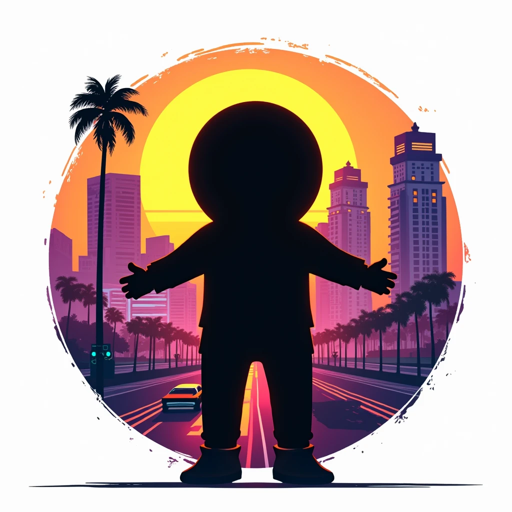 Black shadow of a happy yellow emoji, Vice City GTA, white background