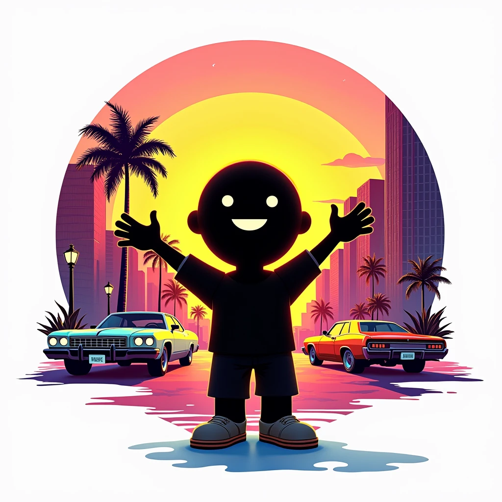 Black shadow of a happy yellow emoji, Vice City GTA, white background
