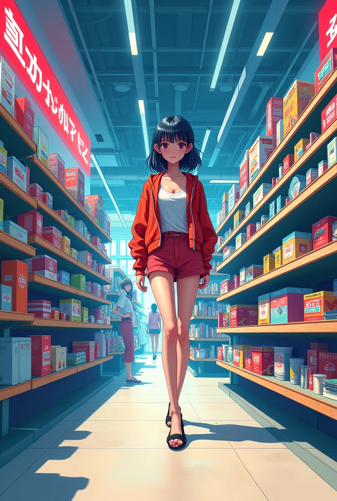 A female Japanese manga character walking down the aisles of a store and looks down an aisle 