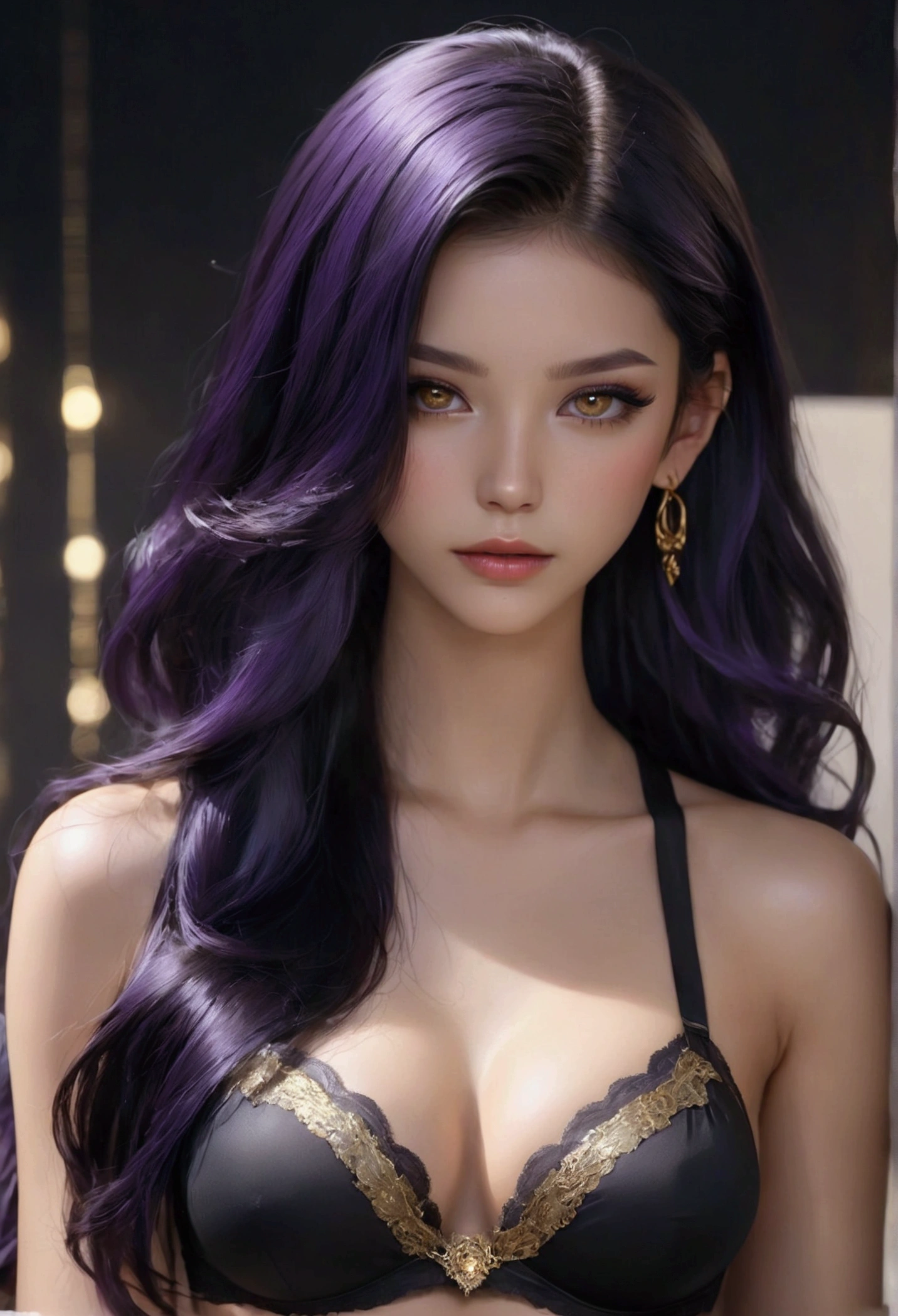 Long smooth straight black hair, inner colored dark-purple hair, golden eyes, black paced underwear with garter belt, masterpiece, super detail, best quality, 8k,semi-realistic