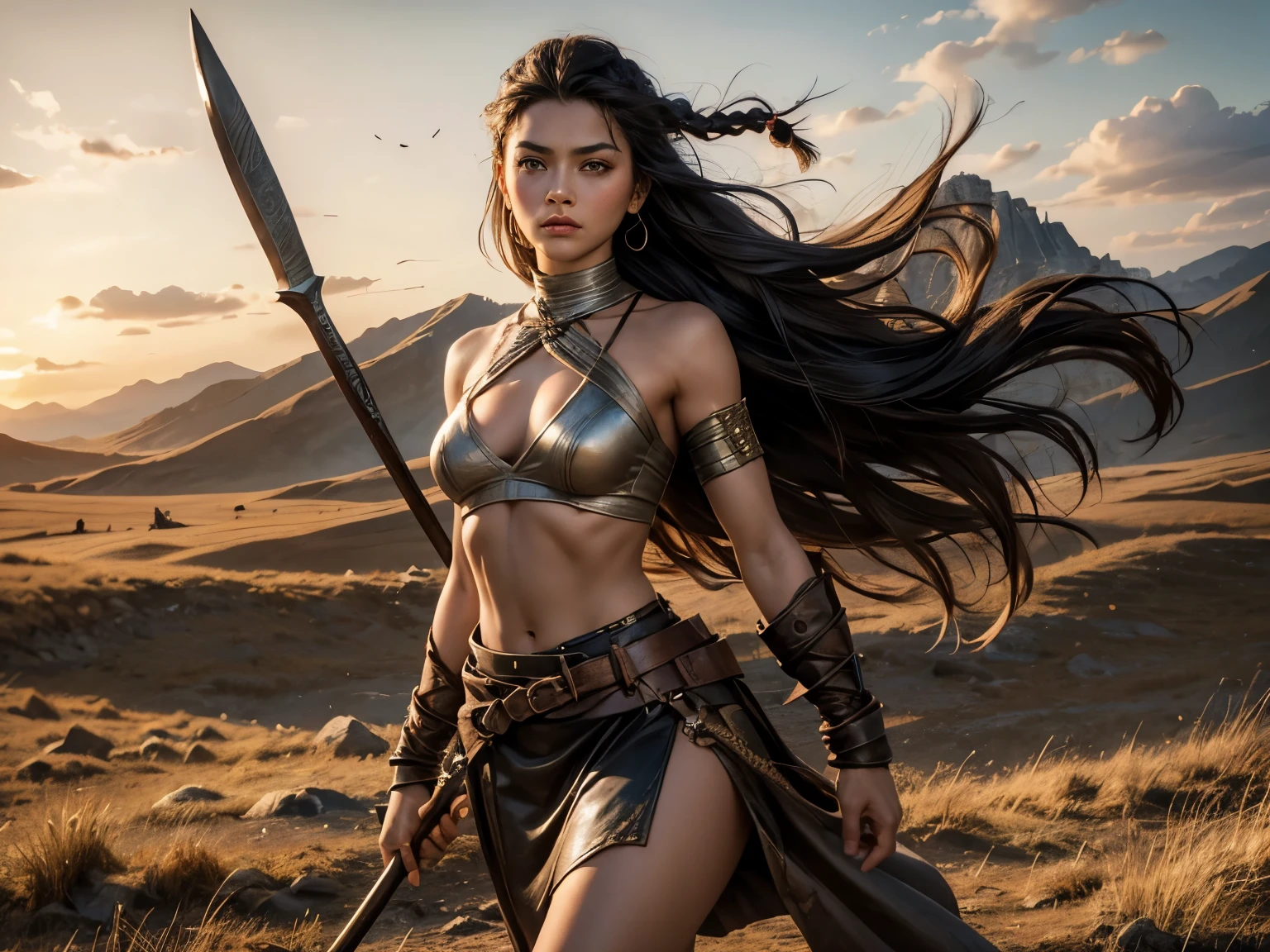 Style: "Prehistoric fantasy setting with a focus on authentic primitive clothing and accessories, reflecting the materials and craftsmanship of early human cultures."
Steppe warrior Maya is a beautiful prehistoric woman of the Mongoloid race.
Face: Rounded, with soft features. Almond-shaped brown eyes, short and straight nose. Lips of medium thickness, natural pink color. The hair is black, straight, long, braided into one thick braid. The skin is light olive.
Body: Medium height, slender and flexible, slightly muscular figure. The breasts are small, the stomach is tight, the hips are round, the legs are strong and flexible.
Tattoo: A primitive pattern of wavy lines running from the right collarbone to the middle of the chest. Three black dots near the outer corner of the left eye.
Clothing:
A short leather top that leaves the stomach exposed. A skirt made of leather, with an asymmetrical cut that covers one leg more than the other.
High knee-high leather boots with fur trim.
Outside:
Maya stands on a hill, holding a spear raised above her head. She leaned forward a little, as if preparing to throw a spear.
Facial expression: Brave, determined, eyes focused, lips slightly pursed, as if before an important throw.
Background:
Wide steppe area with tall grass swaying under the influence of the wind. Low mountains illuminated by the setting sun can be seen on the horizon.