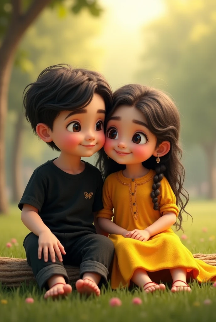 A Create a realistic image of a 4 year couple sitting comfortably in wings their the boy is wearing a black shirt and black kot pant, and the girl is wearing a yellow phrak.