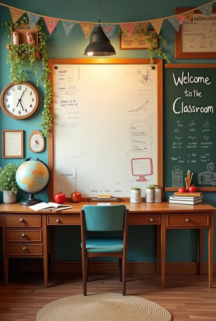 "A nostalgic classroom-themed selfie point setup. The backdrop features a large whiteboard with hand-drawn doodles, educational charts, and some vintage school supplies like pencils and rulers. Include a classic blackboard with 'Welcome to the Classroom' written on it. Props should include a vintage desk and chair, a stack of books, a globe, and chalkboards. Add decorative elements like school-themed banners, paper cutouts of apples, math equations, and alphabets. Include small touches like a clock showing school time and a classroom bell."