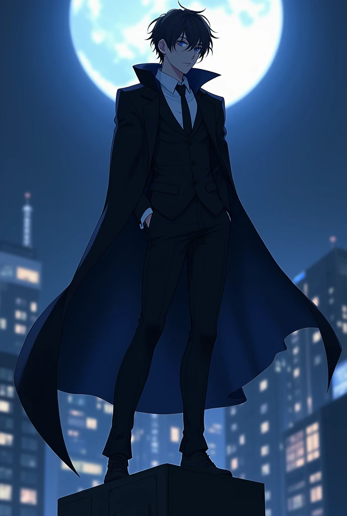 ((quality)), ((art)), ((best)), ((detailed)), 1, ((boy)), ((Anime)), he is ((1)), and is extremely ((beautiful)), and ((perfect)), his body is ((slim muscular and athletic)), with a ((beautiful and strong physique)), he has ((black hair)) and beautiful ((blue eyes shiny)), he is wearing a tight black suit with tight details that shows off his athletic body, and a black hooded coat that covers his head and has a long cape that almost reaches the floor, and a mask that only covers his nose and the mouth. standing on top of a tall building in Tokyo on a dark night.