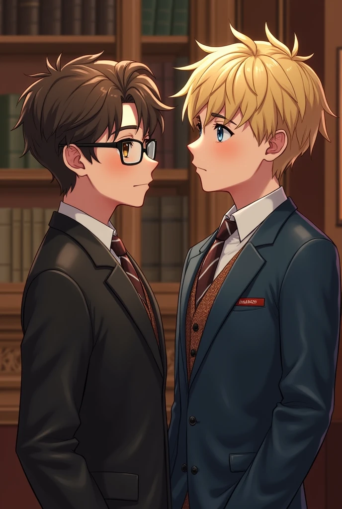 score_9, score_8_wonderful, score_7_wonderful, sauce_Anime BREAK 1 Boy, The two men have blonde and black hair.,Male Focus, Part 1: Leanne, blonde, , Red Blazer, Black trousers, Outdoor,Red tie,Get on all fours and place your hands on the floor,Wearing chains,Licking the dark penis,Gay