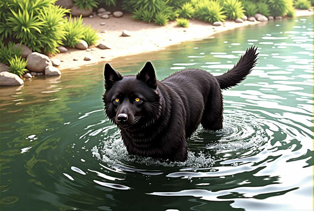 there is an anime style character (like Naruto) black dog that is standing in the water, dog, at the waterside, black dog, a handsome, in a pond, in the water, a dog, river in front of him, the photo shows a large, bear, labrador, menacing!, playing with the water, emerging from the water, wet fur, handsome, nice face