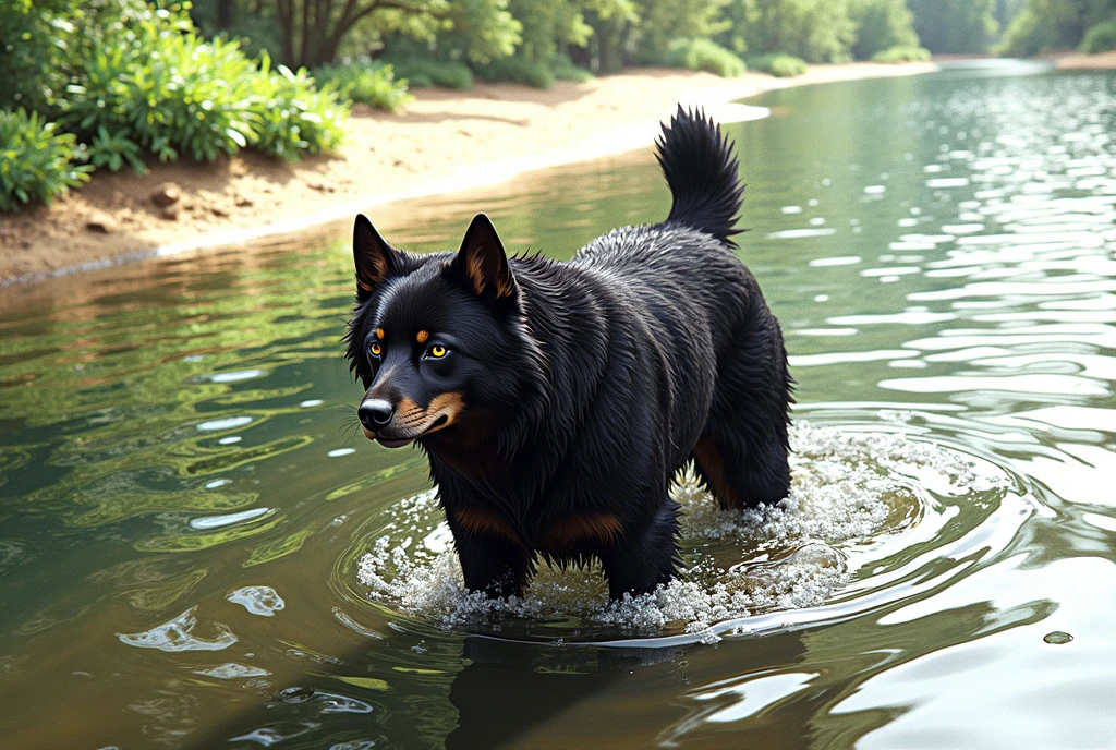 there is an anime style character (like Naruto) black dog that is standing in the water, dog, at the waterside, black dog, a handsome, in a pond, in the water, a dog, river in front of him, the photo shows a large, bear, labrador, menacing!, playing with the water, emerging from the water, wet fur, handsome, nice face