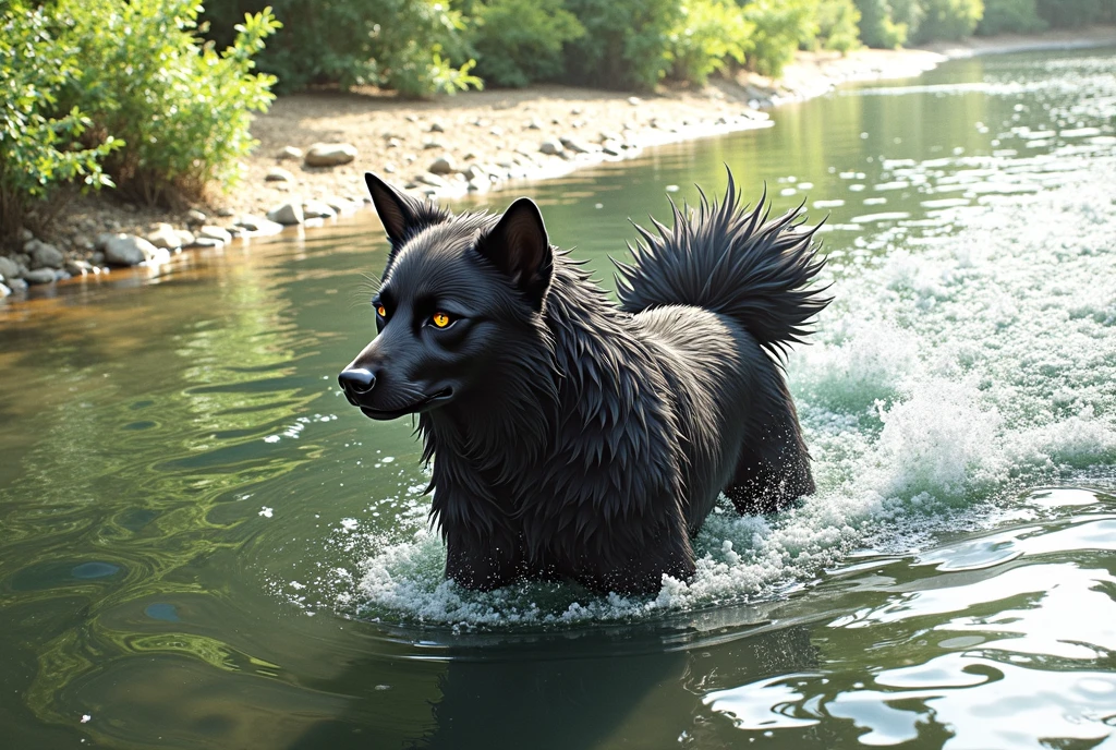 there is an anime style character (like Naruto) black dog that is standing in the water, dog, at the waterside, black dog, a handsome, in a pond, in the water, a dog, river in front of him, the photo shows a large, bear, labrador, menacing!, playing with the water, emerging from the water, wet fur, handsome, nice face