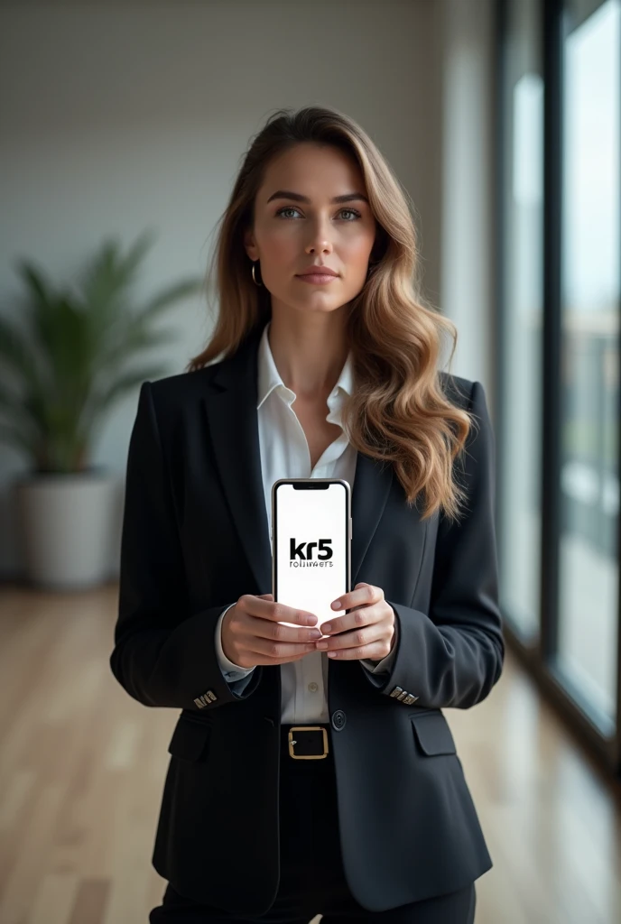Businesswoman indicating the brand "KN5 Followers" with a cell phone