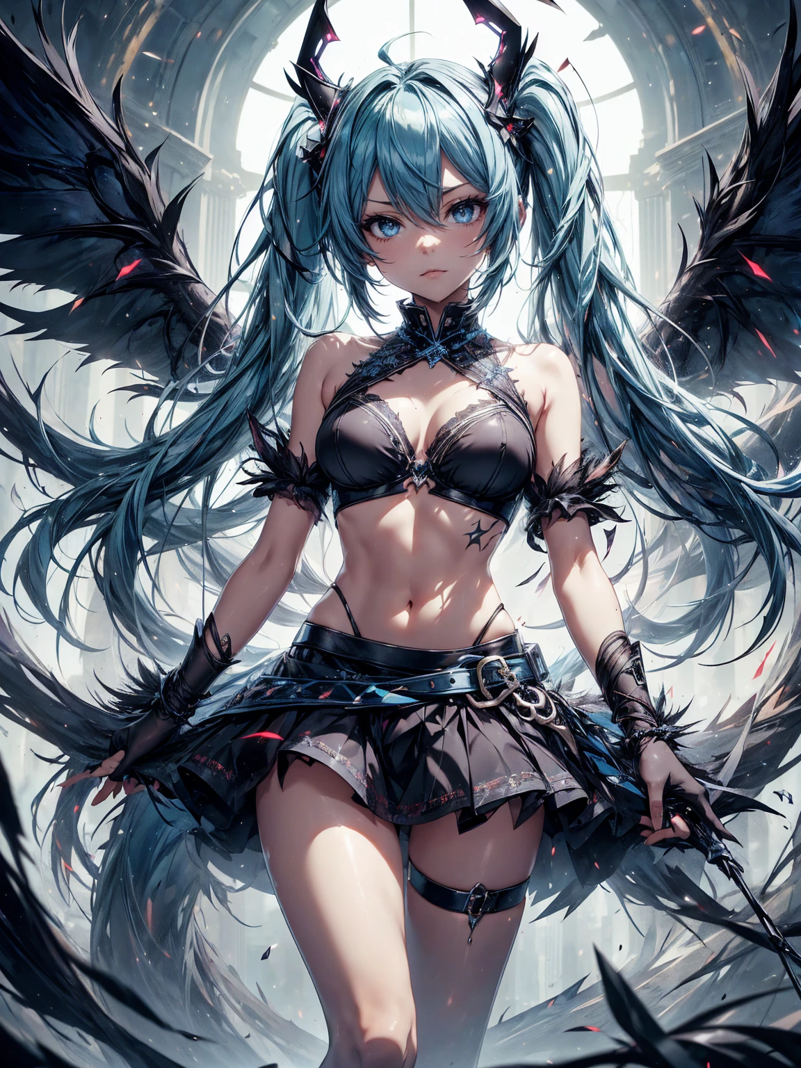 Miku Hatsune,cara de zorro hocico alargado add high definition_detail:1, blue fur,kitsune ears, tribal tattoo add_detail:1, in hell add_detail, barefoot, the same, giant black feather wings add_detail:1 ,alas hermosas la mejor calidad y detail en las flumas, blue saturation light, ( black navel top, black navel mini skirt))