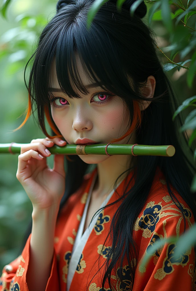 One with black hair with orange tips, pink eyes, a bamboo in her mouth and a komono