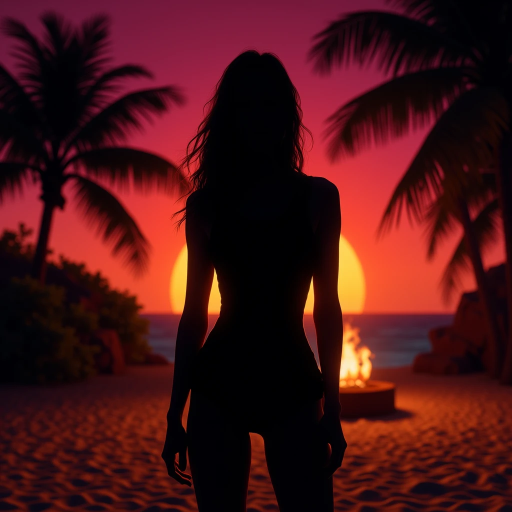 black shadow of shakira singing on a beach in vice city gta, yellow colors
