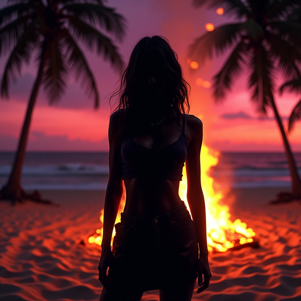 Black shadow of a woman on a campfire, Vice City GTA, beach background