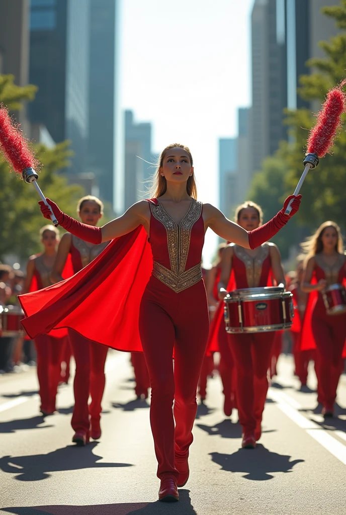 Female drum majors lead modern drum band processions 
