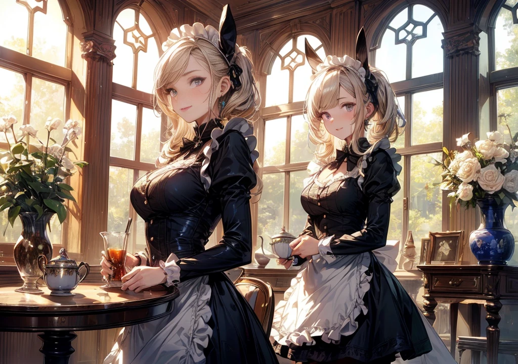 18 year old beautiful girl, Big eyes, Large breasts, Petite and slender, 8K, of the highest quality, (Highly detailed head: 1.0), (Very detailed face: 1.0), (very detail hair: 1.0), maid clothes, high detailed official artwork, anime moe art style, clean detailed anime art, Smile, Golden hair, Smooth long hair