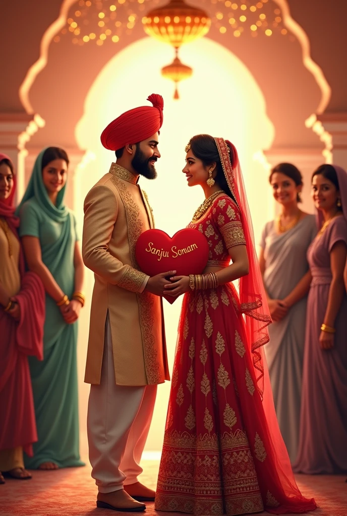 Punjabi Married couples standing in marriage hall with giving heart peellow in that full name of 'संजू' and '
सोनम' with family 