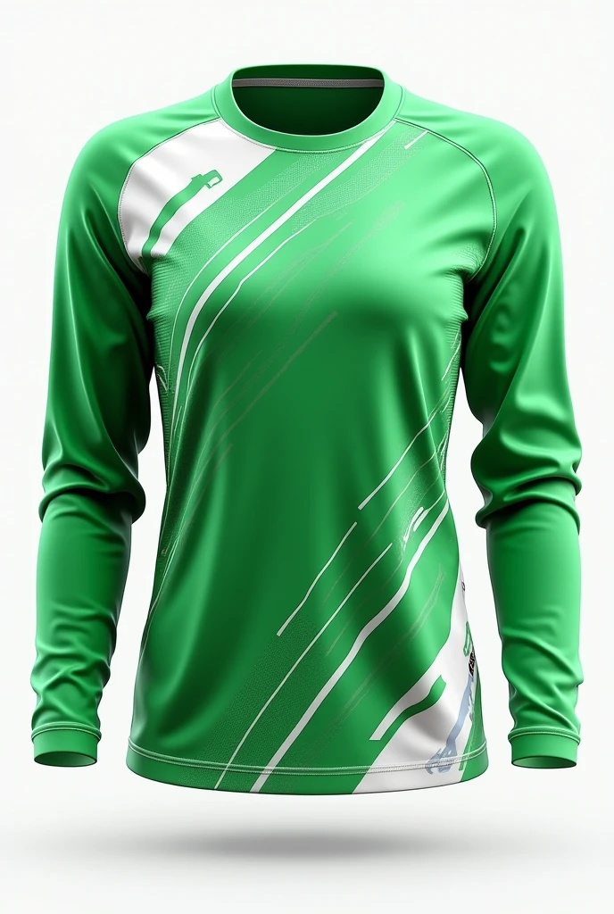 i want design for netball shirt with colour of green and white with some geometry and line and long sleeve