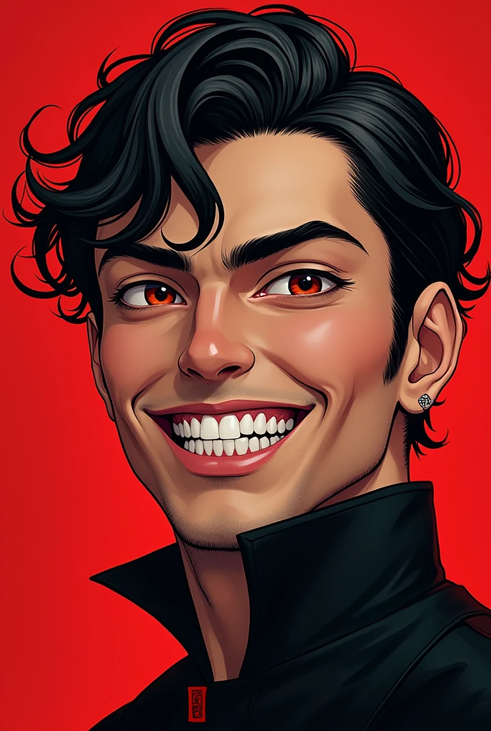 blond man wearing red and black. stark, Cao Cao, bold. wavy black hair. Angelic beauty, perfekt teeth, showing smile teeth out