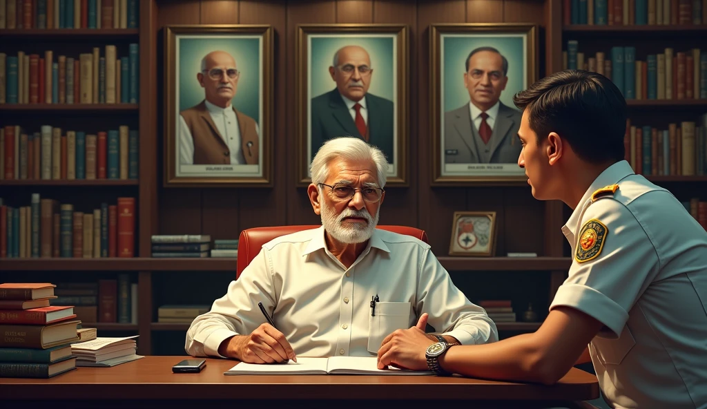 A leader his age 60years old sitting in given office with full of books and in background Gandhiji, Subash Chandra Bose , Netaji photos are there on the wall and that politician looks very serious in front of a police officer was sitting in front of him. Realistic, intricate details, vibrant colours. Image has to be realistic.