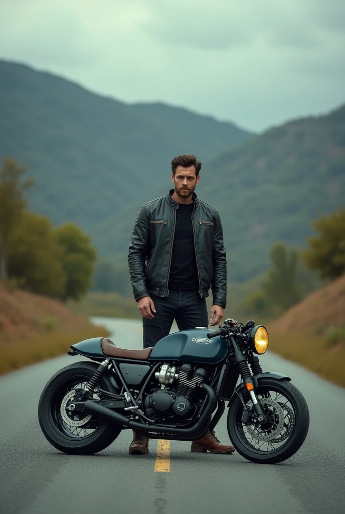 A man standing the road with bullet bike