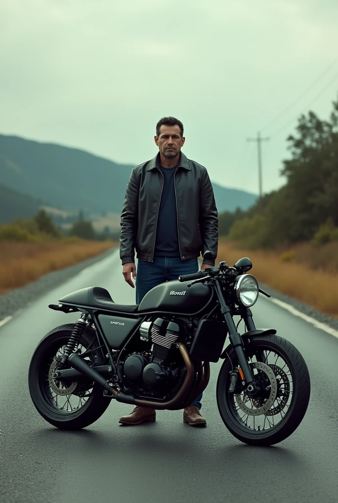 A man standing the road with bullet bike