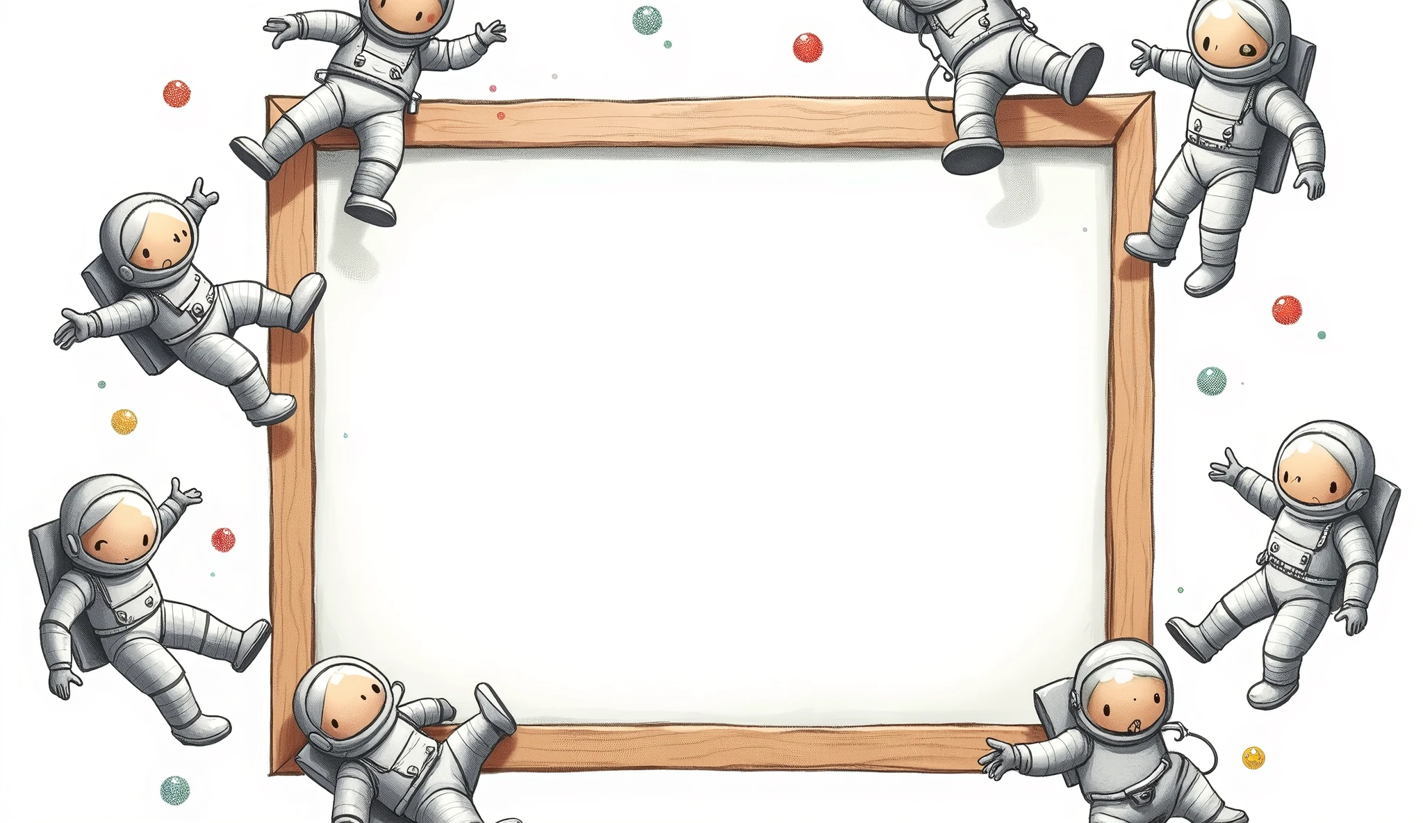 a picture frame around an empty, white center. The picture frame consists of floating astronauts as a child&#39;s drawing