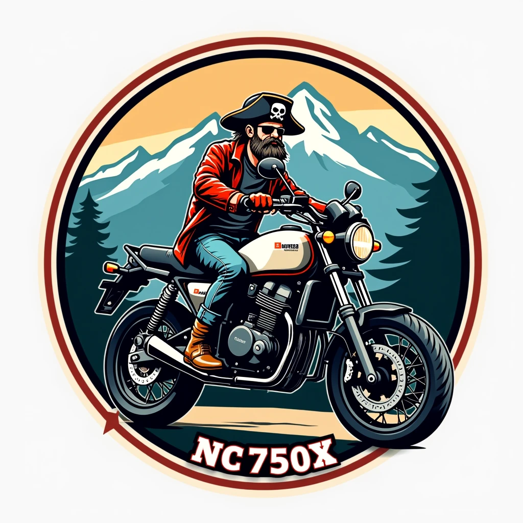 ((Logo circular:1.5)) , ((logo with white border:1.5)), ((honda:1.5)) , ((NC750X text:1.5)), ((NC750X:1.5)), ((trail bike with suitcases:1.5)), ((pirate driving motorcycle)), (((crear un logo with white border de un pirata manejando sobre una honda modelo NC750x))), mountains background