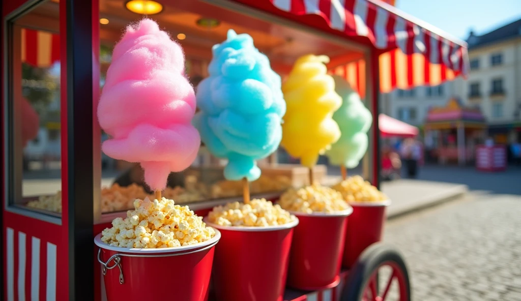 A vibrant photo of a classic red-and-white striped seller's cart filled with multicolored cotton candy on sticks, featuring shades of pink, blue, green, and yellow. The popcorn is served in bright red buckets. The cart is set on a cobblestone street at a lively fairground, with the sun shining brightly, highlighting the colorful cotton candy and the overflowing popcorn buckets.