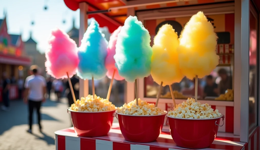 A vibrant photo of a classic red-and-white striped seller's cart filled with multicolored cotton candy on sticks, featuring shades of pink, blue, green, and yellow. The popcorn is served in bright red buckets. The cart is set on a cobblestone street at a lively fairground, with the sun shining brightly, highlighting the colorful cotton candy and the overflowing popcorn buckets.