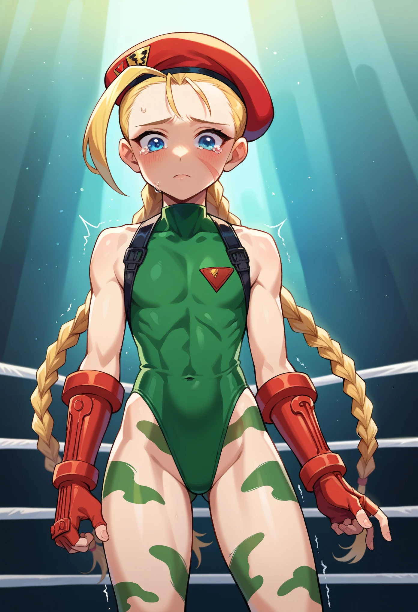 score_9, score_8_up, score_7_up, 1girl, solo, (kid:1.5), (small body), flat chest, CammyWhiteSFXL, scar on cheek, blue eyes, blonde hair, long hair, twin braids, antenna hair, camouflage, red beret, bare shoulders, green leotard, black harness, red gloves, fingerless gloves, standing, sad, crying, blushing, shaking, looking down, fighting ring,