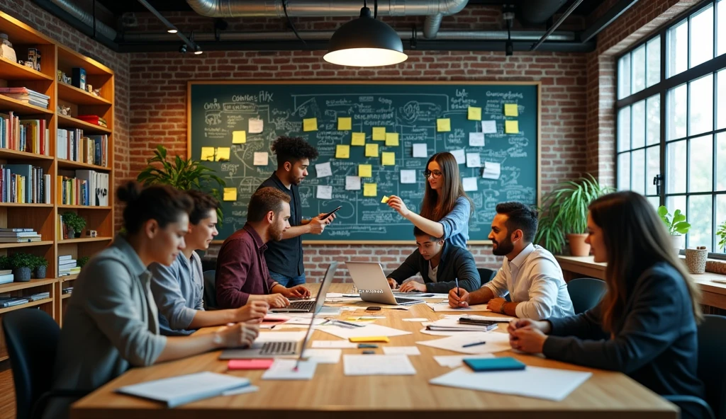 A richly detailed image of a creative workspace in a startup, showing a diverse team collaborating on a project. The workspace is filled with sticky notes, sketches, and innovative prototypes. The background includes shelves with books on entrepreneurship and a large chalkboard filled with ideasphotorealista, 8K, (melhor qualidade,4K,8K,alta resolução.