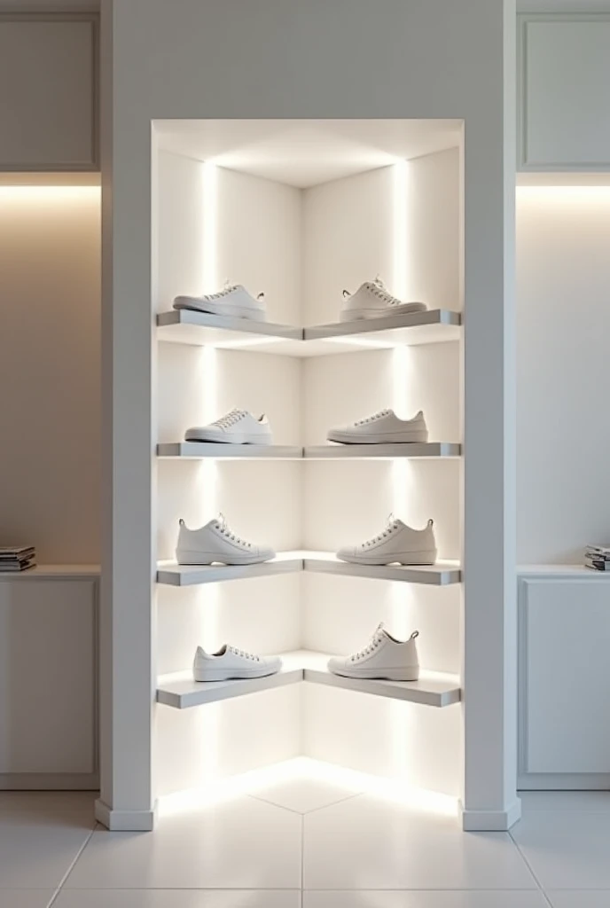 Can you make a L shaped show rack on the corner of the roomeach shelf having 3 shoes in white color and having major distance between shelfs. 