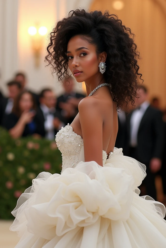 White girl with big black hair in big white princess dress at met gala with silver necklace with elegant earrings