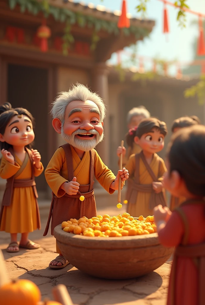 (photorealism:1.2), beautiful Generte in cinematic 3d cartoon style in the Villagers Celebrating**: The farmer old man and villagers celebrating together, with the village well in the background, conveying a sense of community and shared joy.